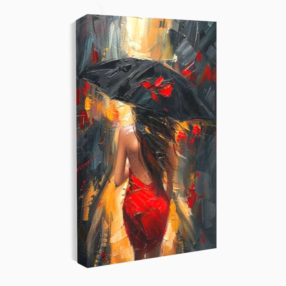 Tablou canvas cu pictura cu femeie si umbrela rosie, fara rama, pe sasiu de lemn